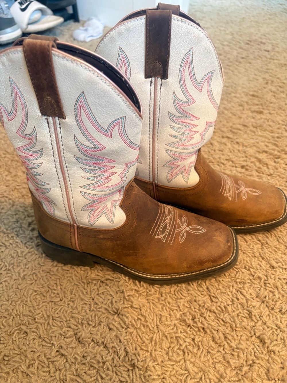 Shyanne Brown & White Kids Western Boots with Pink Accents